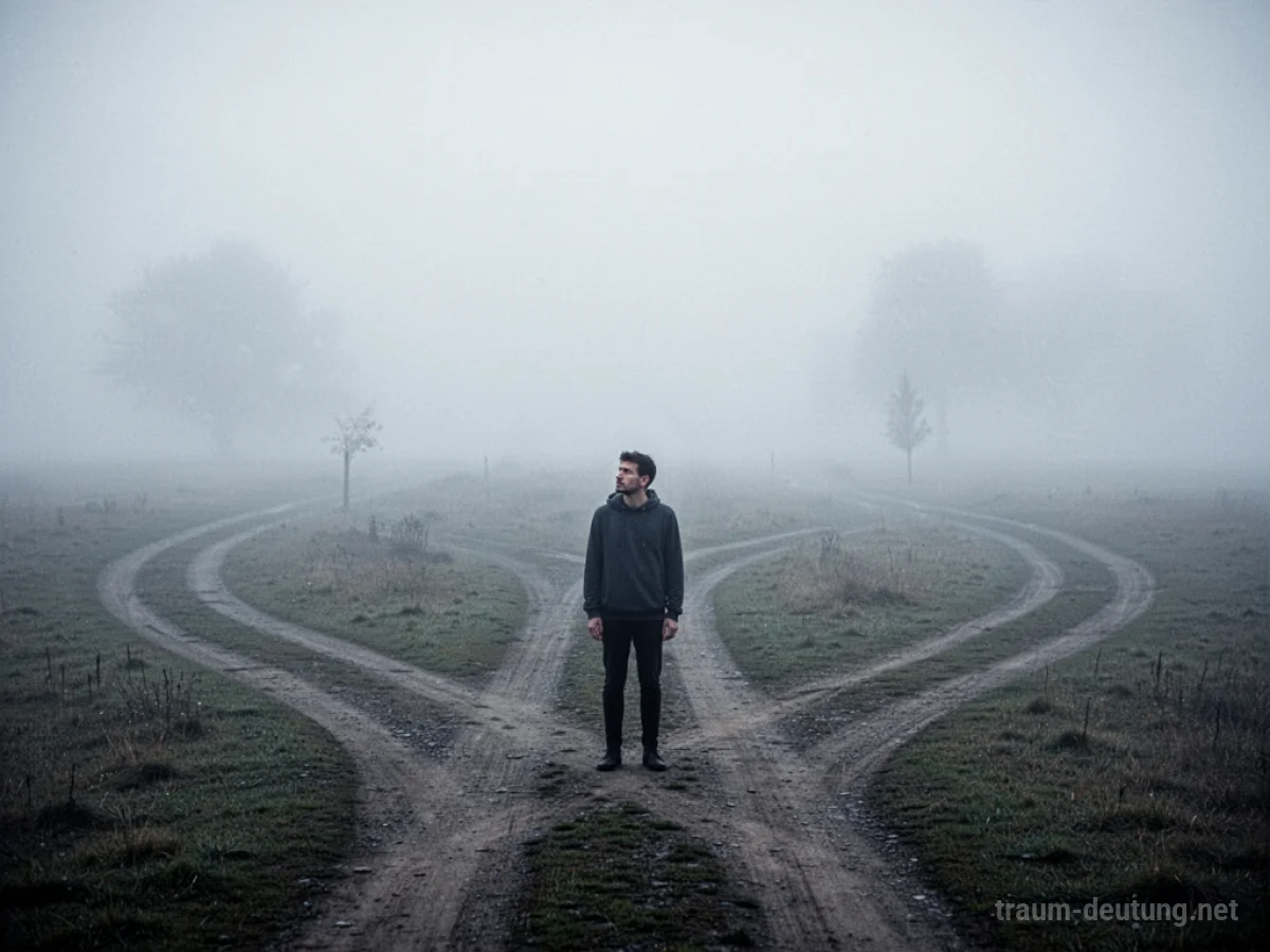 Eine Person an einer Weggabelung im Nebel