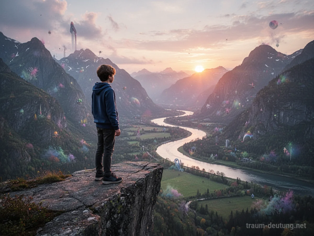 Person steht am Rand einer Klippe und blickt auf eine weite Landschaft mit Bergen und Fluss.