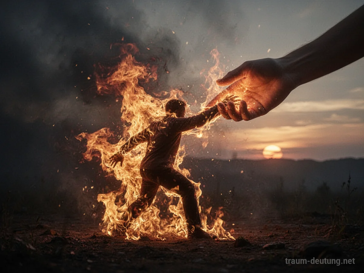 Eine Silhouette wird aus einem stilisierten Feuer gerettet.