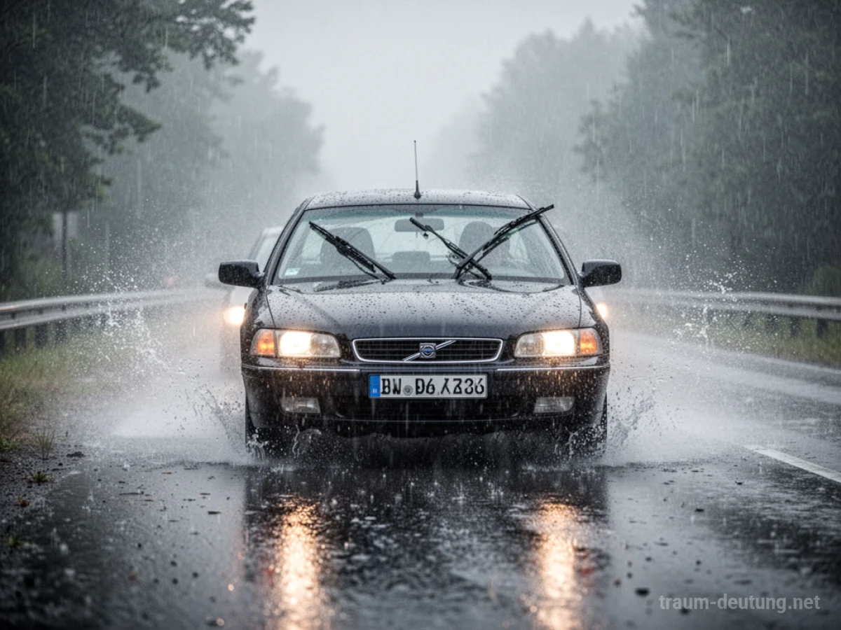 Auto fährt auf nasser Straße im starken Regen, Scheibenwischer in Aktion