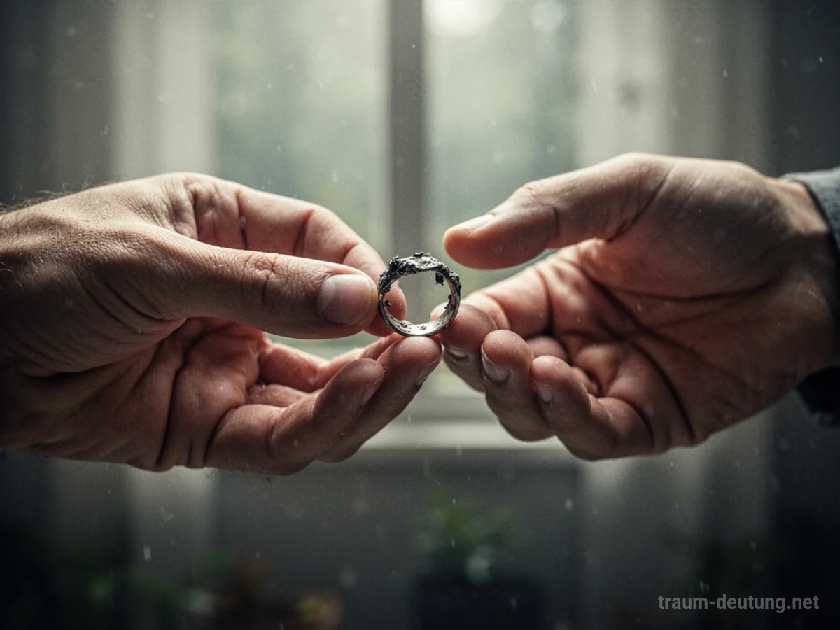 Eine Hand zögert, einen billigen, angelaufenen Ring anzunehmen, der von einer anderen Hand angeboten wird.