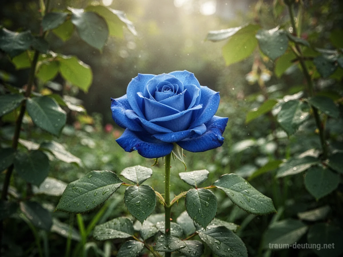 Eine einzelne, leuchtend blaue Rose in einem Garten.