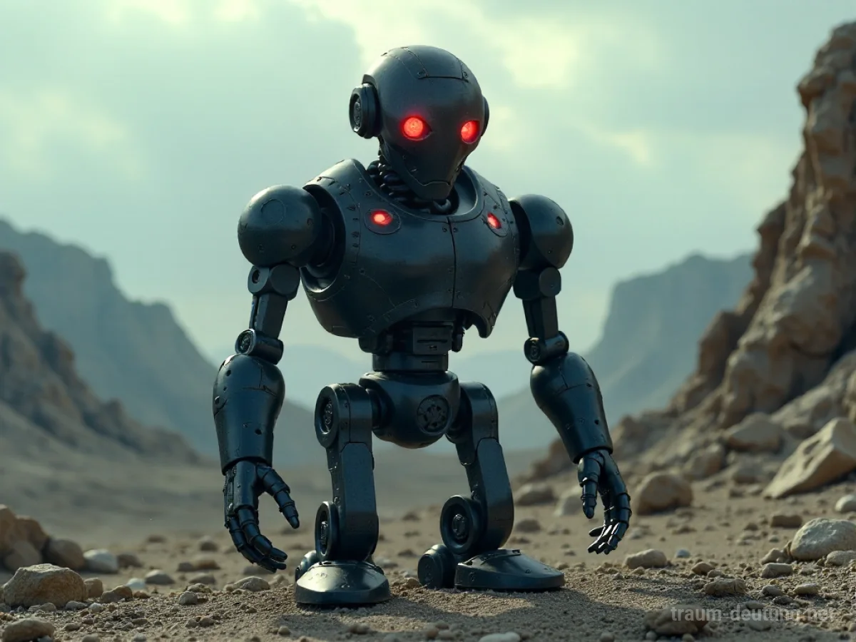 Böser Roboter mit roten Augen steht in einer zerstörten Landschaft.