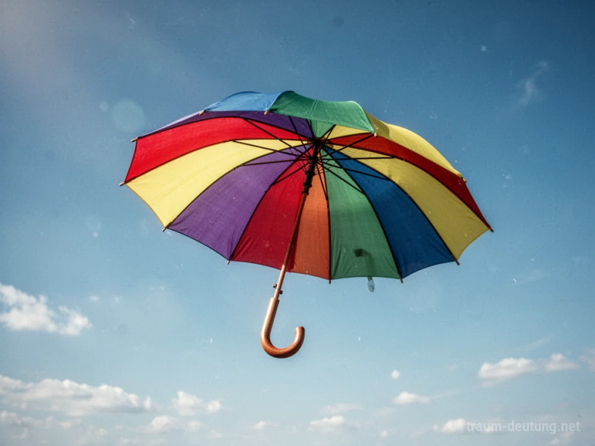 Ein bunter Regenschirm schwebt fröhlich im blauen Himmel.