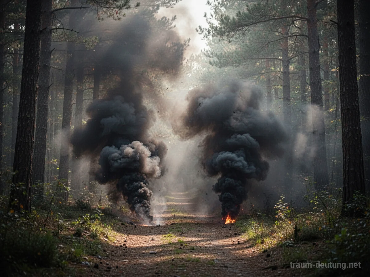 Dichter, dunkler Rauch verhüllt einen Waldweg.