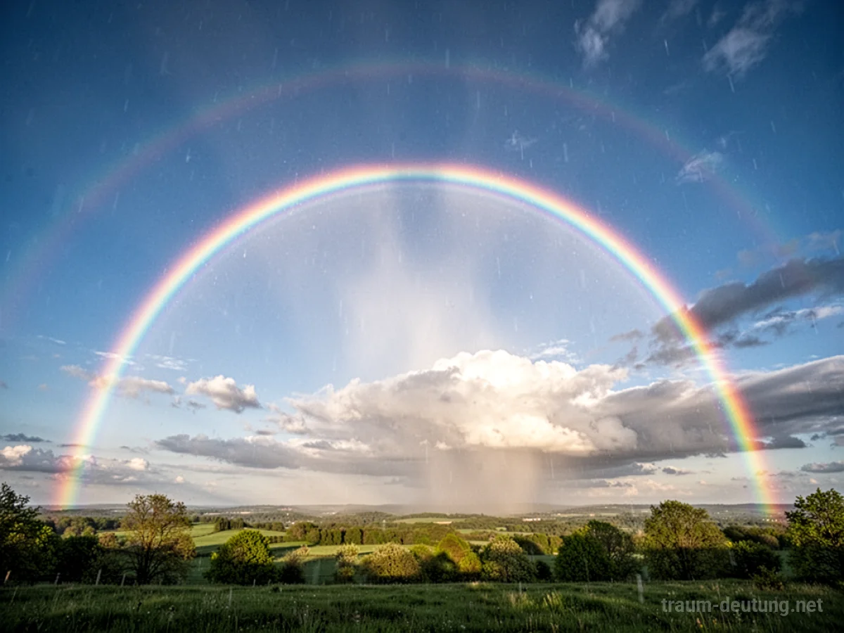 Ein doppelter Regenbogen spannt sich über einen strahlend blauen Himmel.