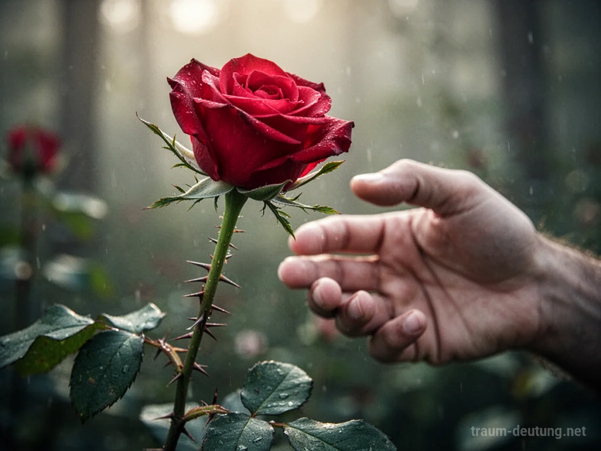 Nahaufnahme einer Rose mit spitzen Dornen, eine Hand zieht sich leicht zurück.