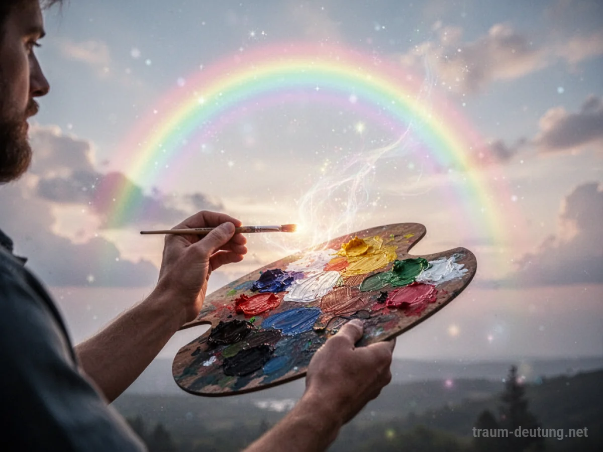 Hände malen einen leuchtenden Regenbogen am Himmel