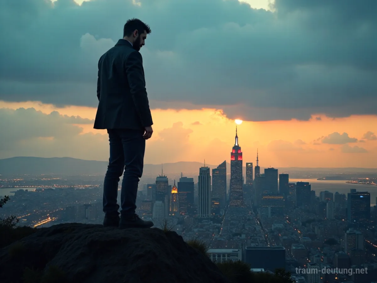 Eine riesige Silhouette einer menschlichen Figur, die über einer winzigen Stadt steht.