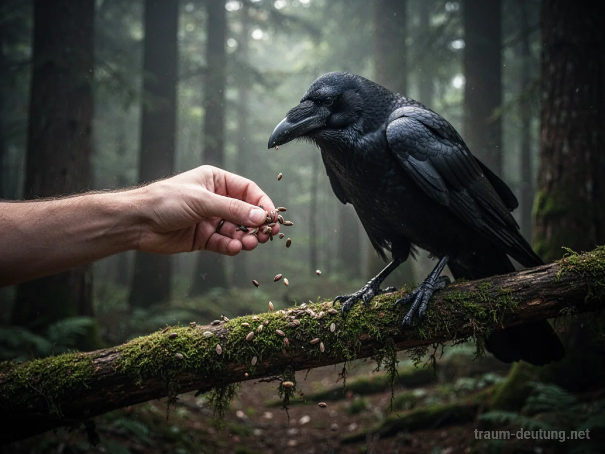 Hand füttert einen Raben auf einem Ast im Wald.