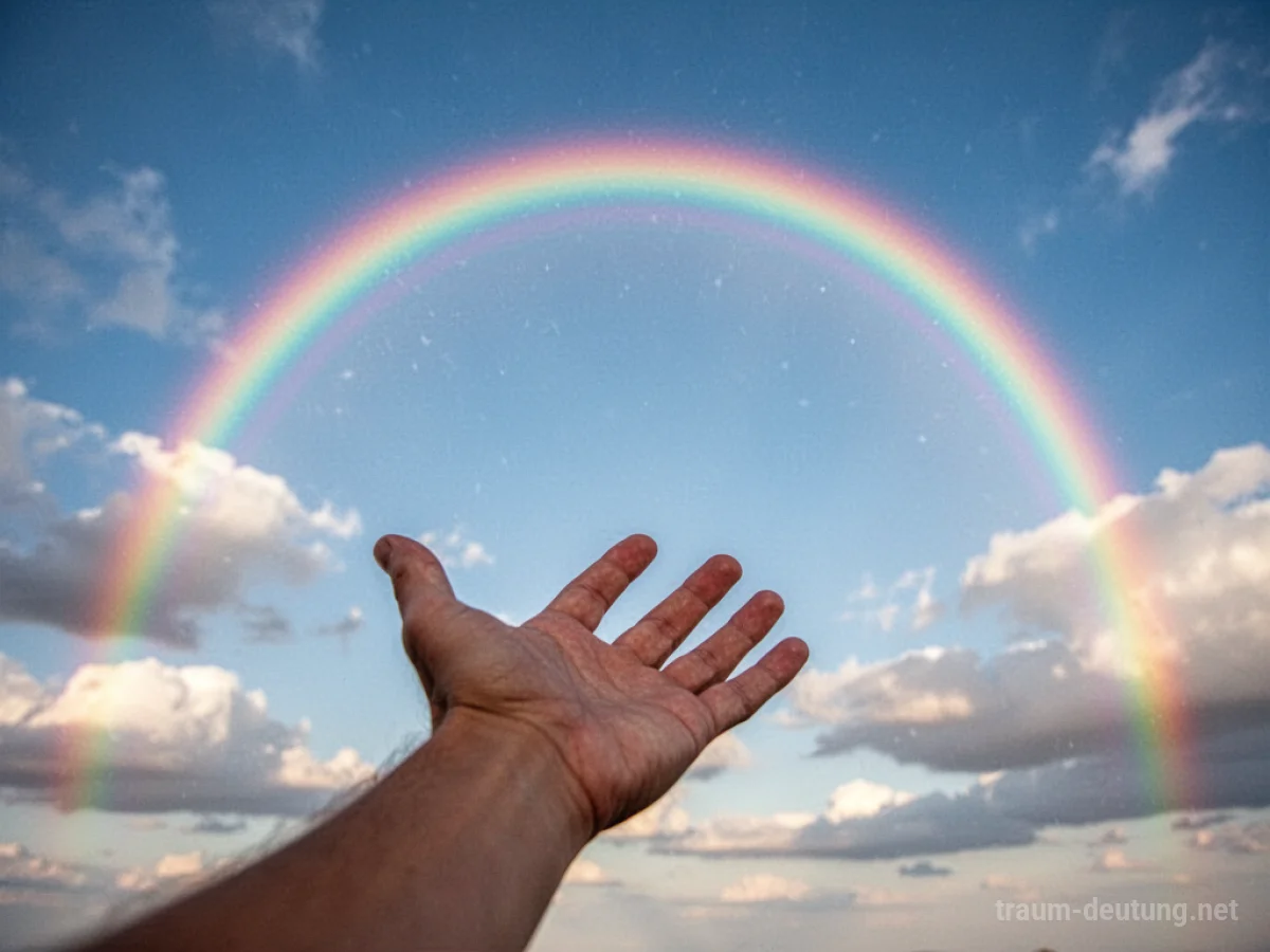 Hand streckt sich nach einem bunten Regenbogen über blauem Himmel aus.