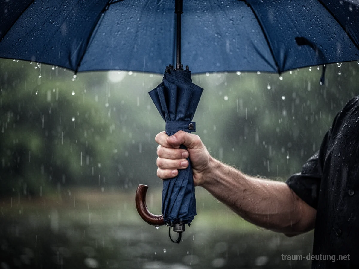 Hand hält einen geschlossenen Regenschirm im Regen.