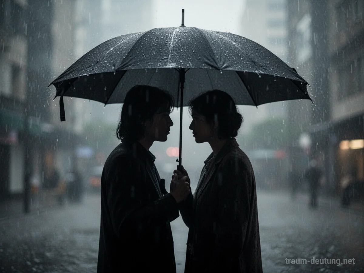 Zwei Schatten unter einem Regenschirm, die sich Schutz teilen