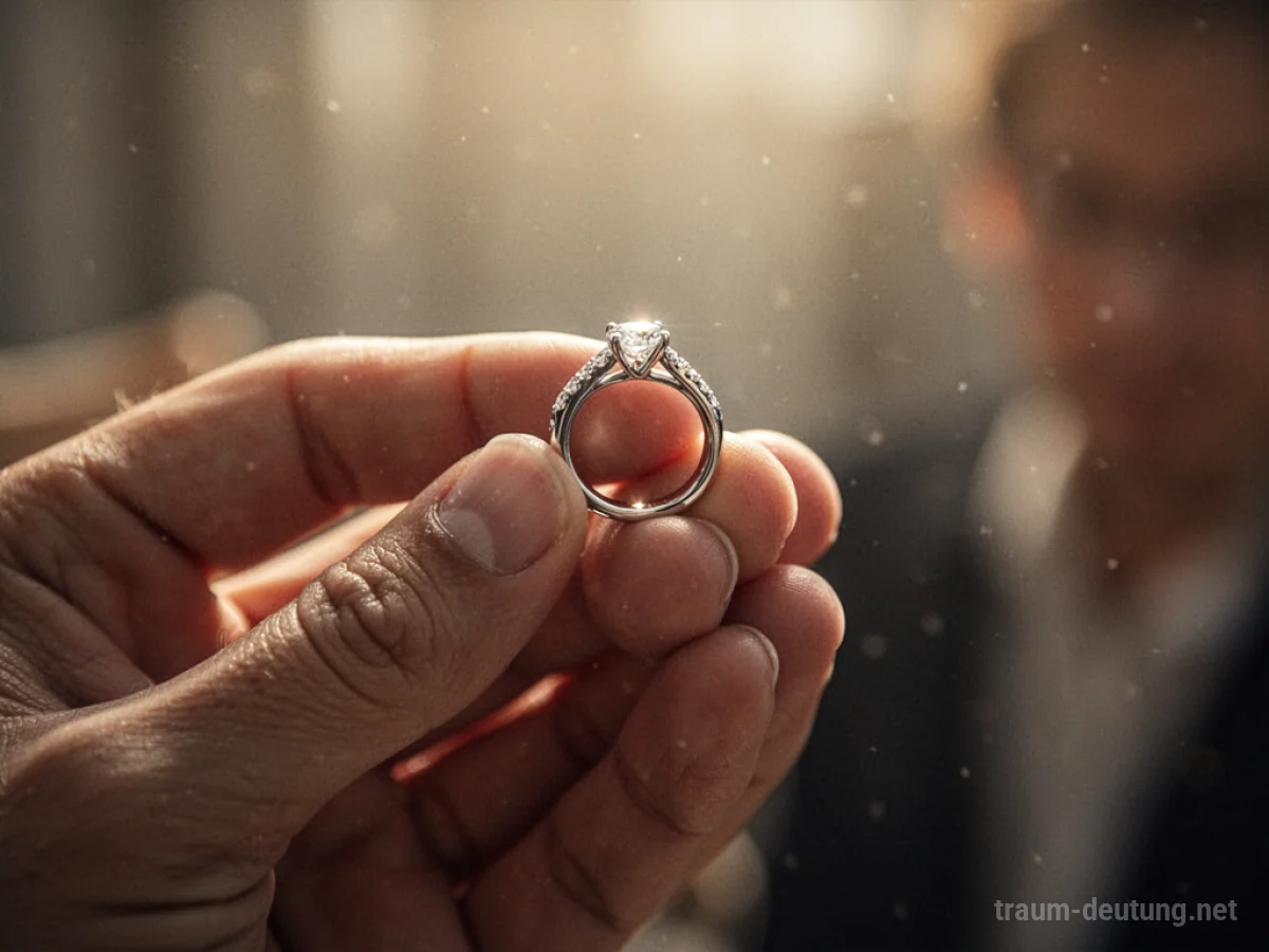 Eine Hand hält einen frisch gekauften Ring im Licht.