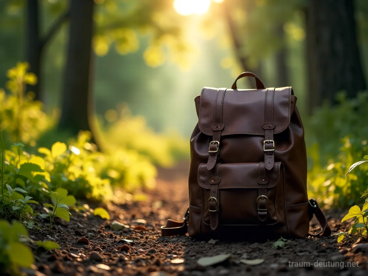 Ein alter Lederrucksack liegt offen auf einem Waldweg.