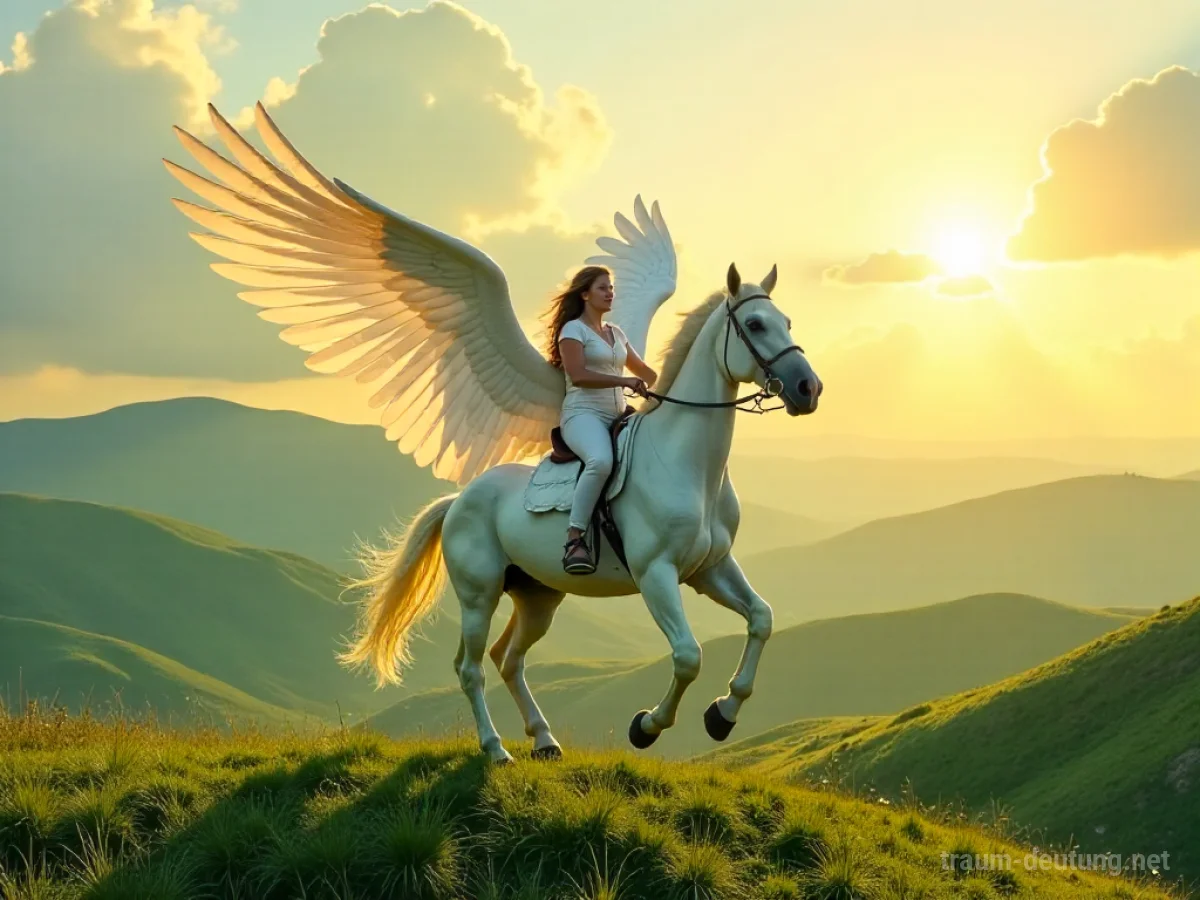 Eine Person reitet ein geflügeltes Pferd über eine grüne Landschaft im Sonnenlicht.