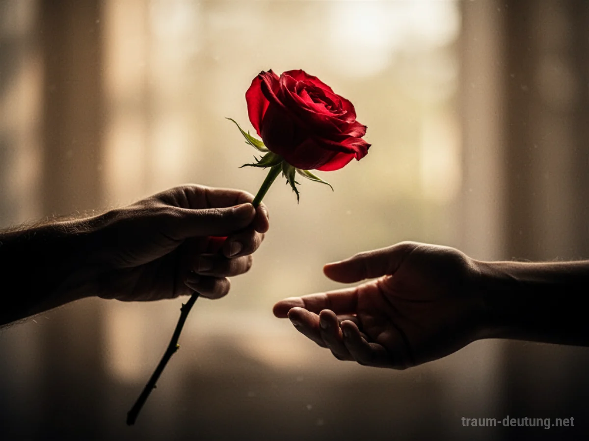 Eine schattenhafte Hand reicht eine rote Rose an eine andere schattenhafte Hand.
