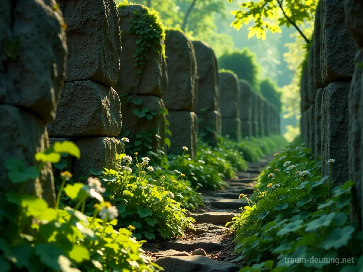 Verfallene Mauern einer Ruine, bewachsen mit frischem Grün und Blumen.
