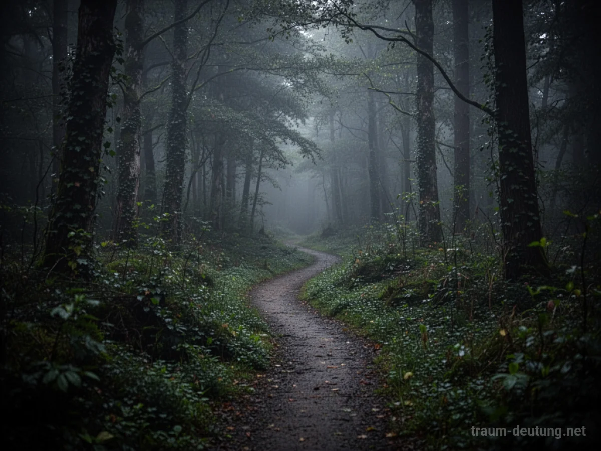 Ein verschlungener Pfad führt in einen dunklen, nebligen Wald.