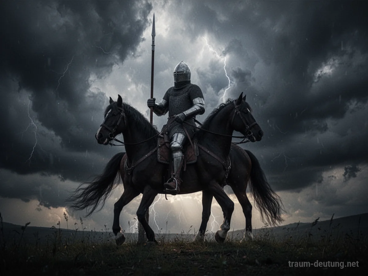 Ein Ritter auf seinem Pferd steht vor einem stürmischen Himmel.