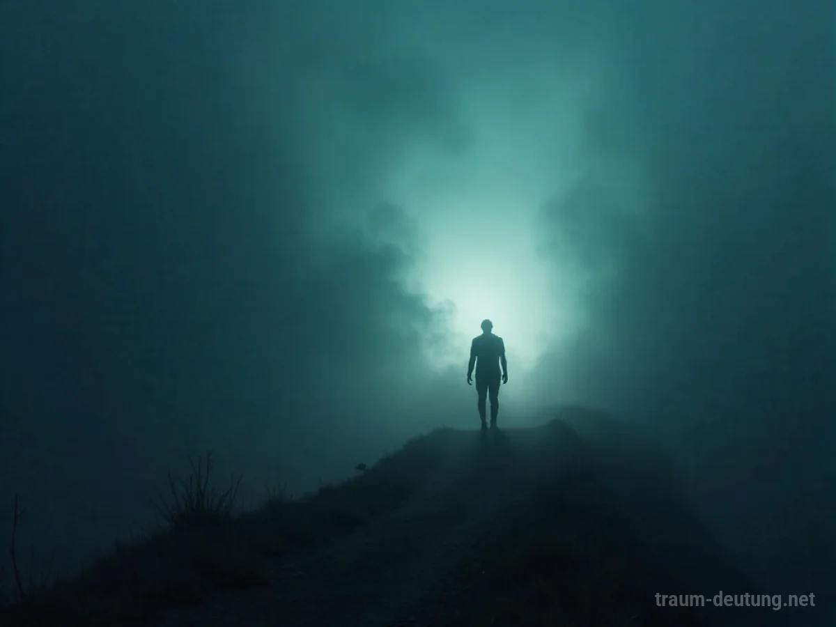 Silhouette einer Person, die aus dunklem Nebel nach einem Licht greift.