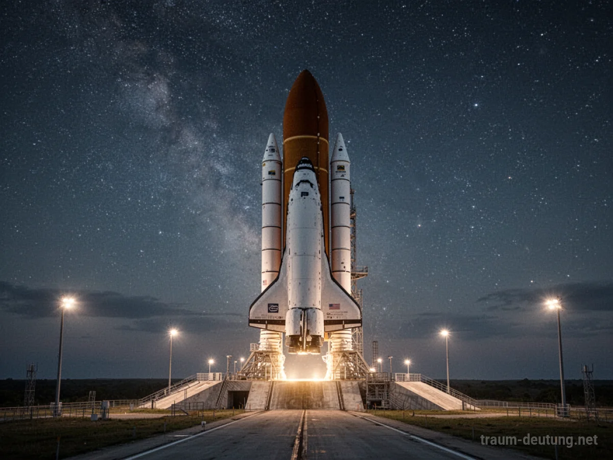 Eine große Rakete steht auf einer Startrampe unter einem Sternenhimmel.