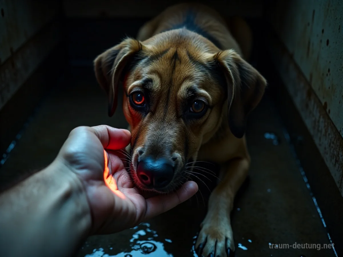 Hand rettet einen kleinen Hund auf einem dunklen Weg