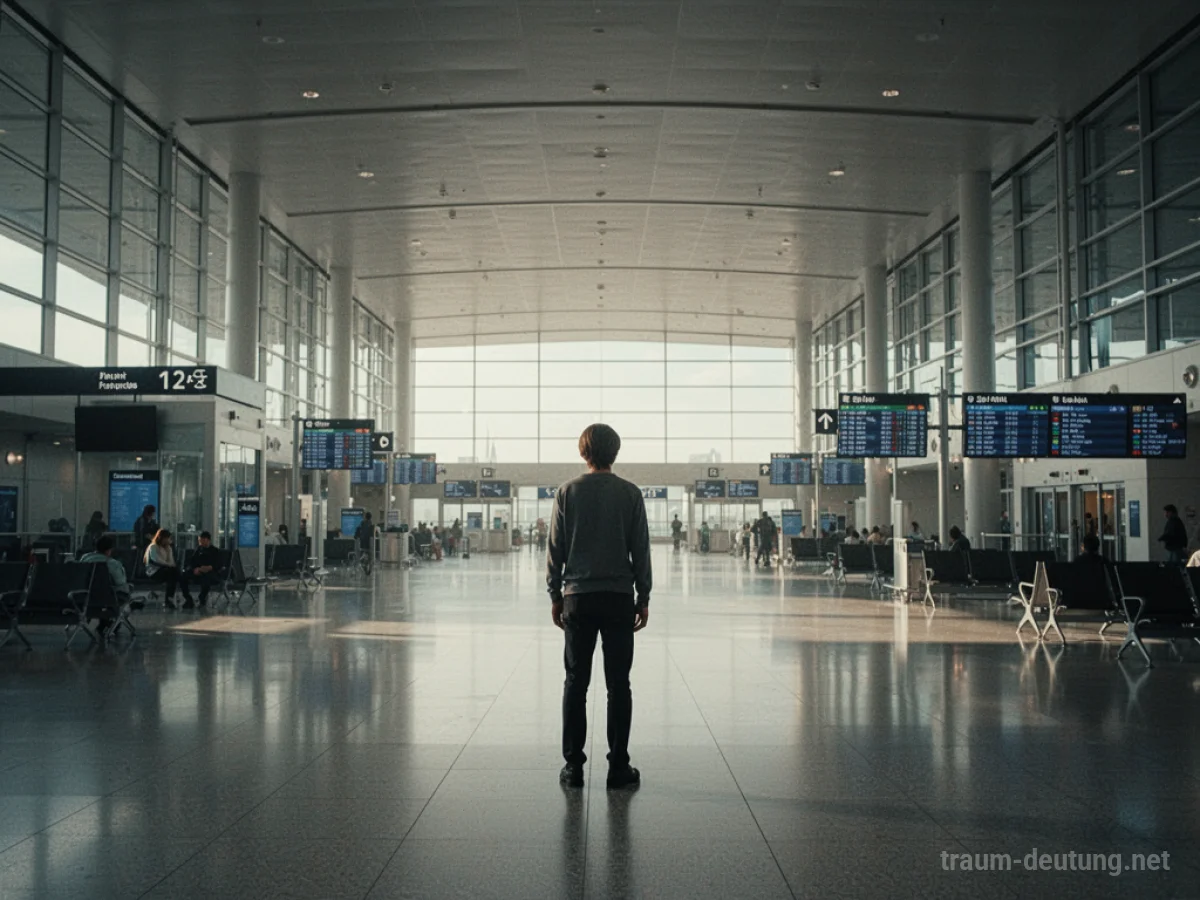 Person steht in einem modernen Flughafen und blickt auf ein Flugzeug.