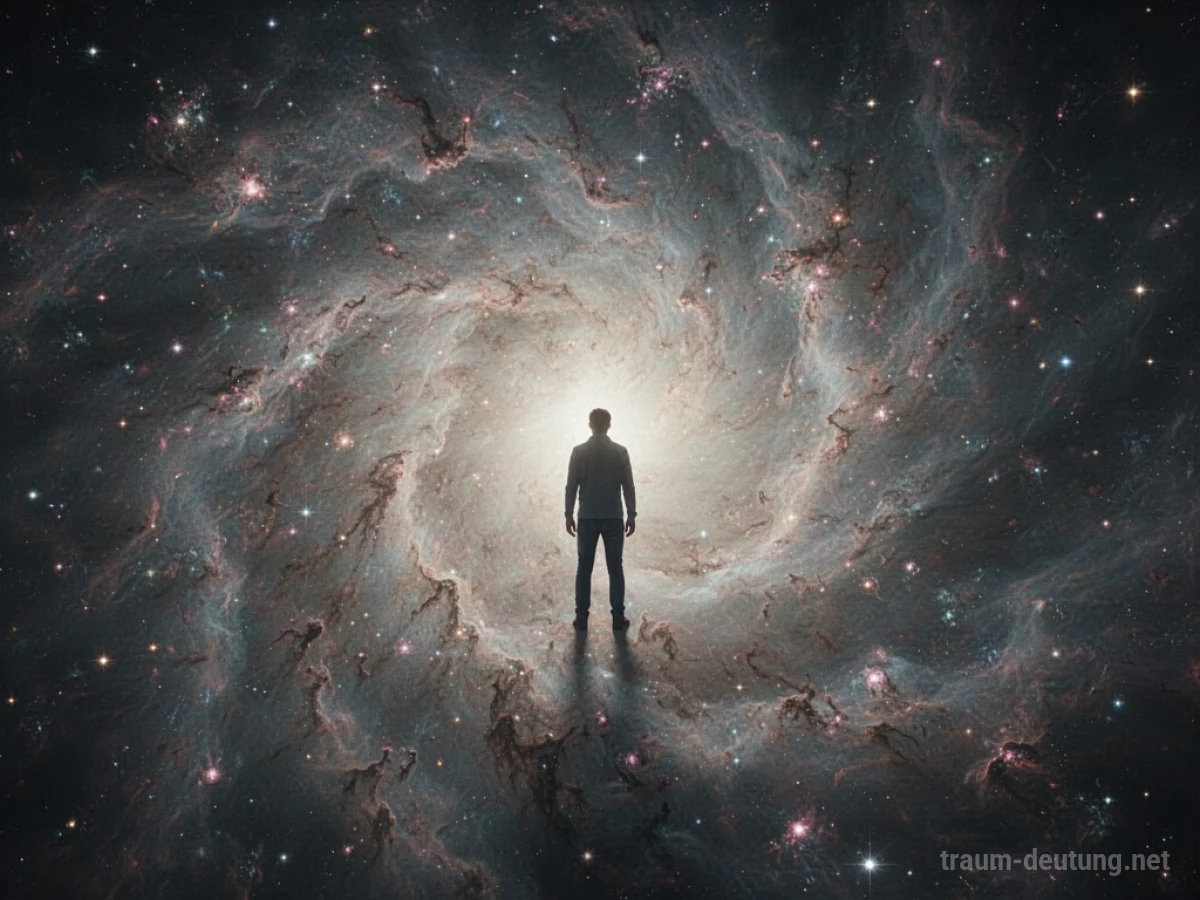 Silhouette einer Person, die im Zentrum eines kosmischen Nebels steht und Licht ausstrahlt.