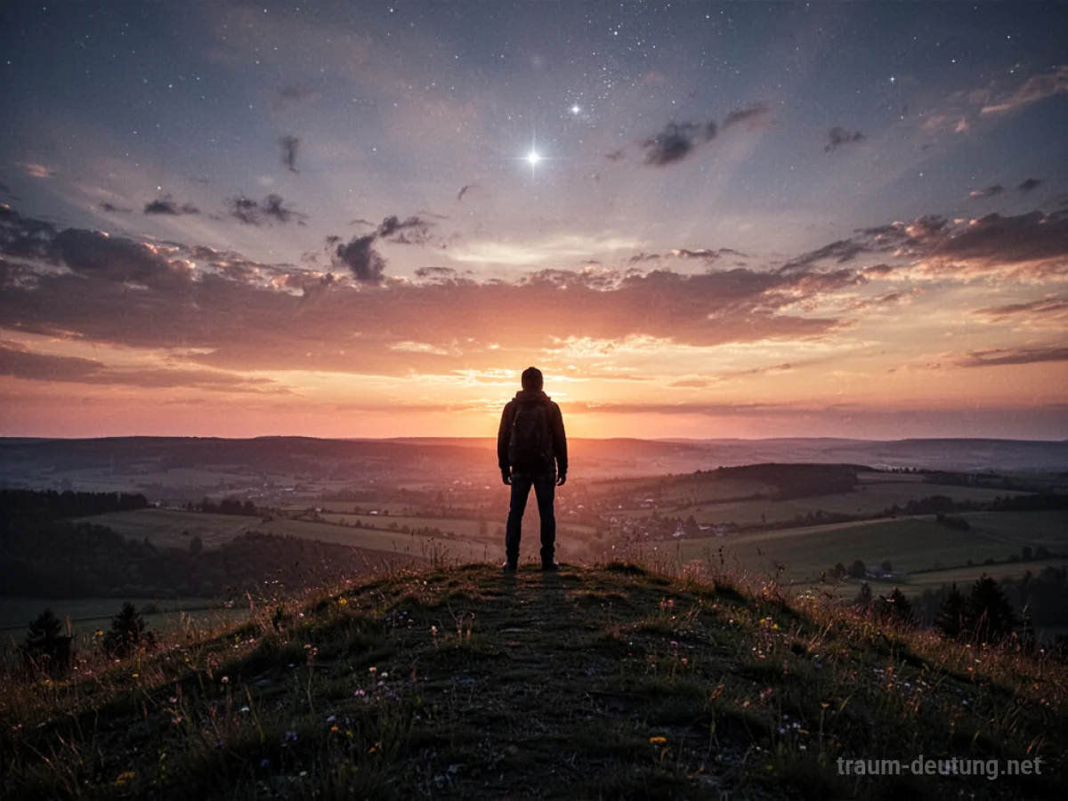 Silhouette einer Person auf einem Hügel, die über eine Landschaft blickt.