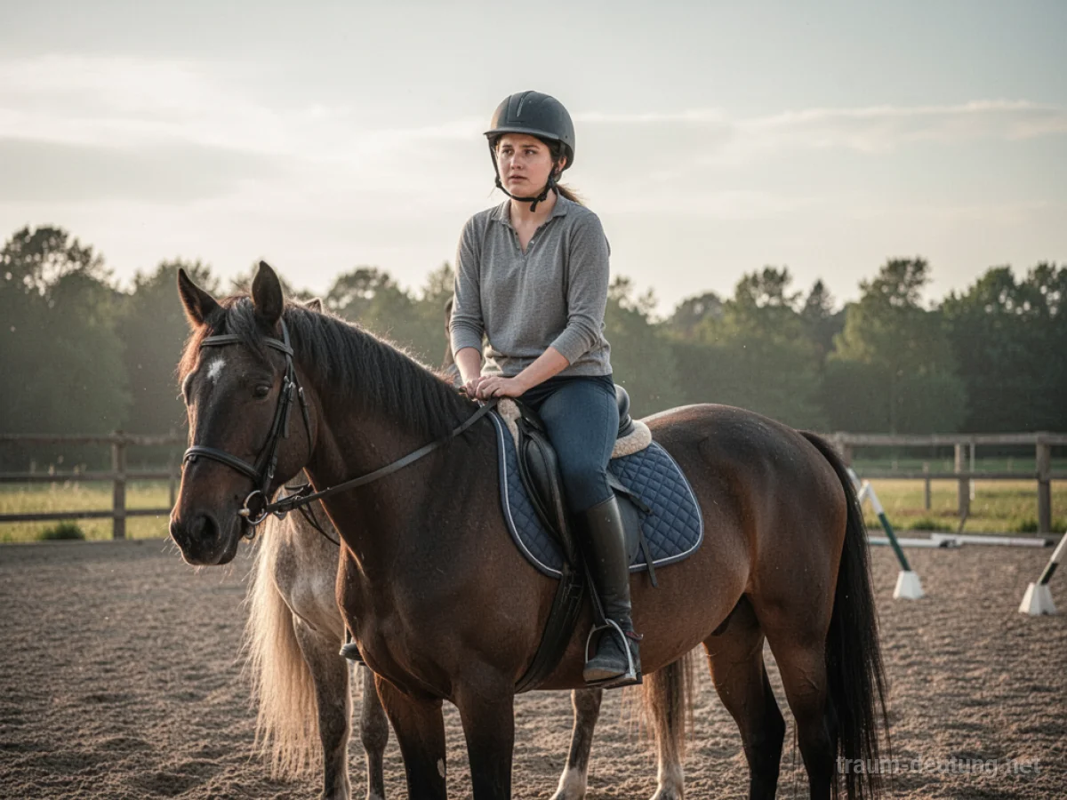 Eine Person sitzt unsicher auf einem Pferd und lernt reiten.