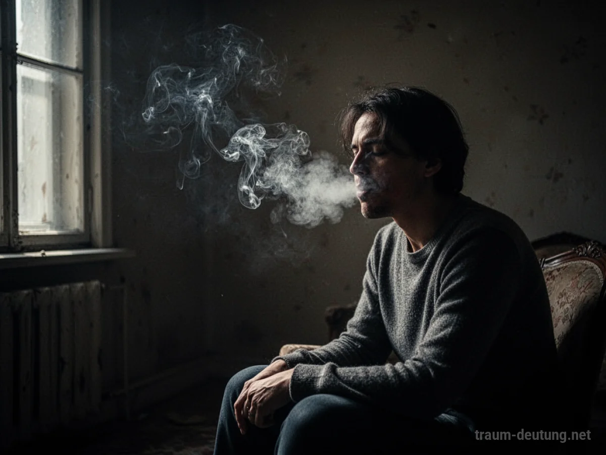 Person exhaliert Rauch in einem dunklen Raum