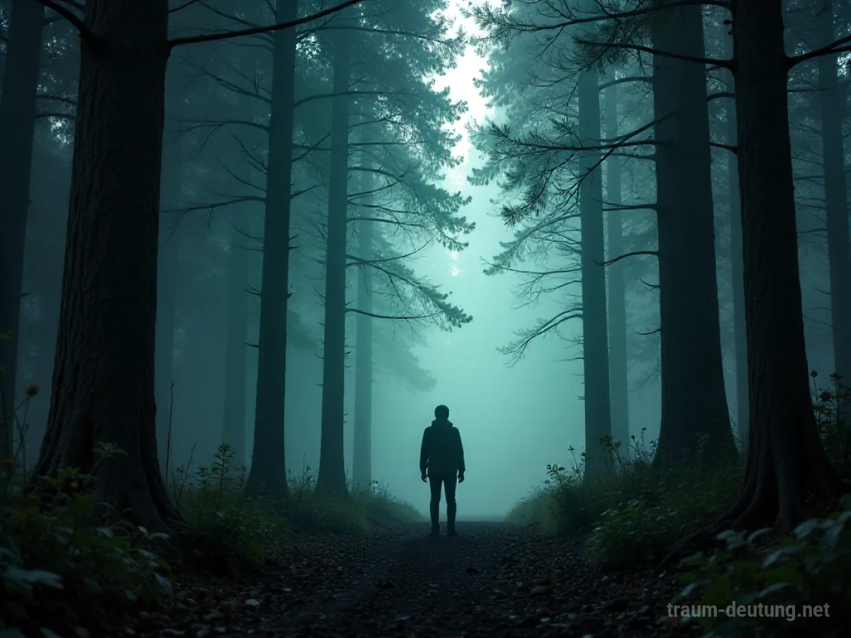 Eine Person ruft im dichten Wald, umgeben von hohen Bäumen.