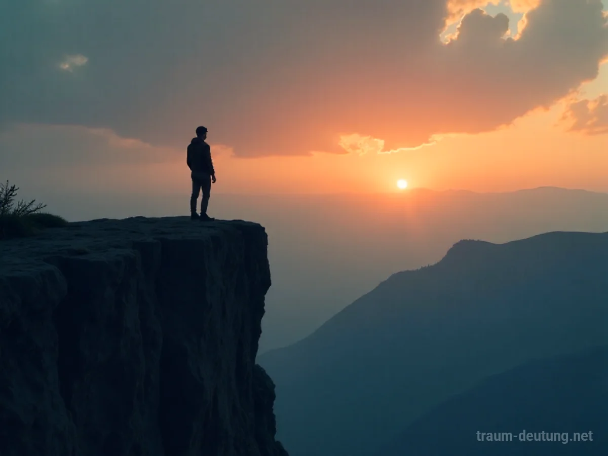 Silhouette einer Person, die von einer Klippe in eine weite, leere Landschaft ruft.