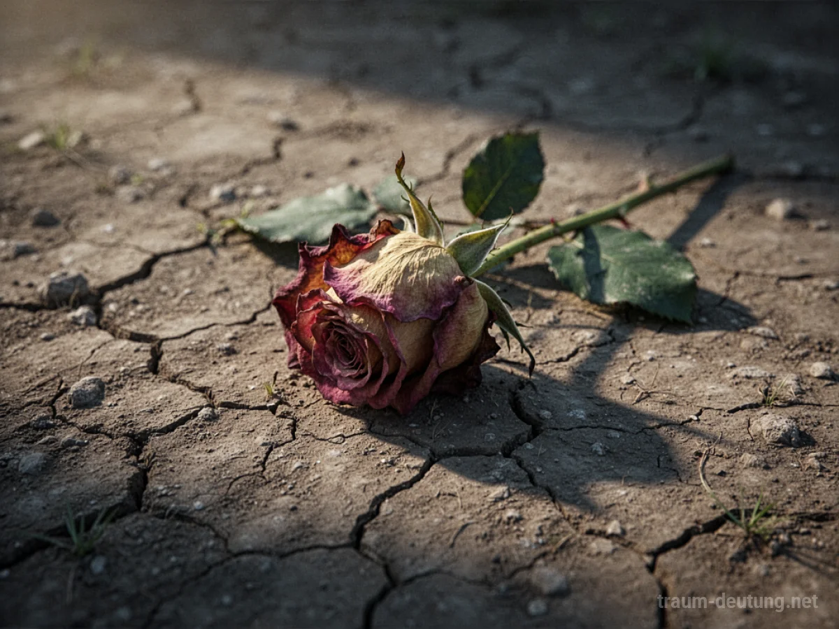 Eine einzelne, verwelkende Rose liegt auf trockener Erde.