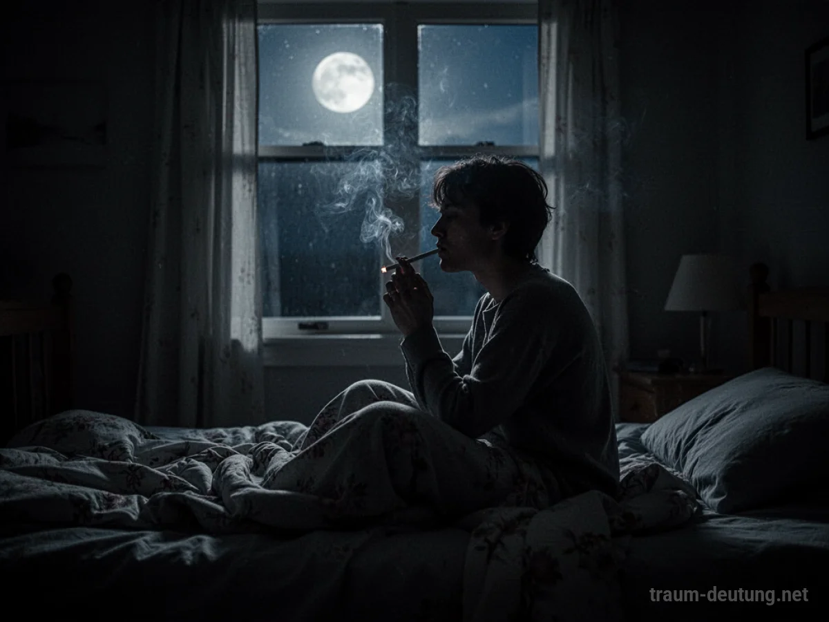 Silhouette einer Person, die im dunklen Schlafzimmer raucht