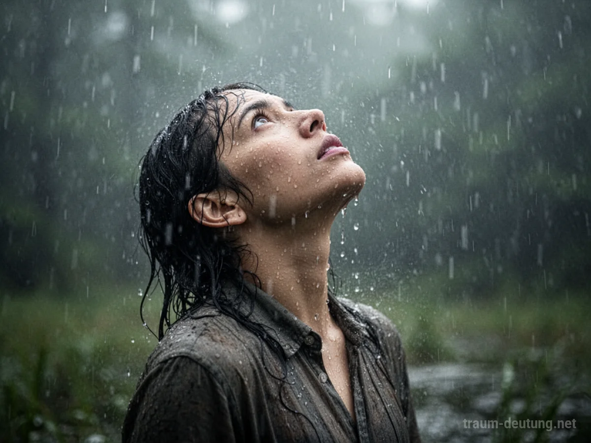 Person steht im sanften Regen und blickt gen Himmel.
