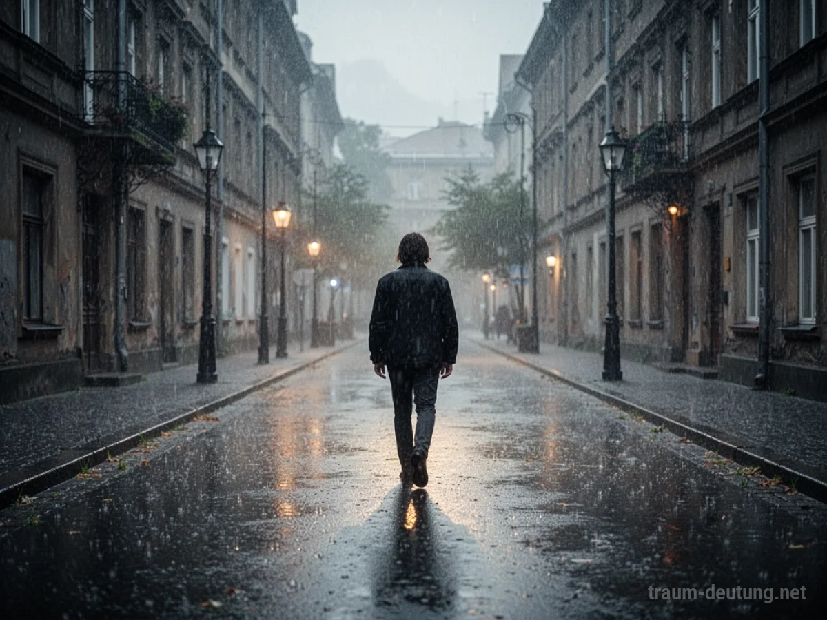 Eine Person geht alleine auf einer nassen Straße im sanften Regen.