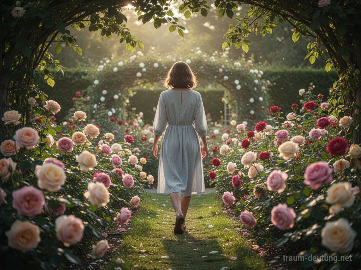 Eine Person geht durch ein blühendes Rosenbeet im Sonnenschein.
