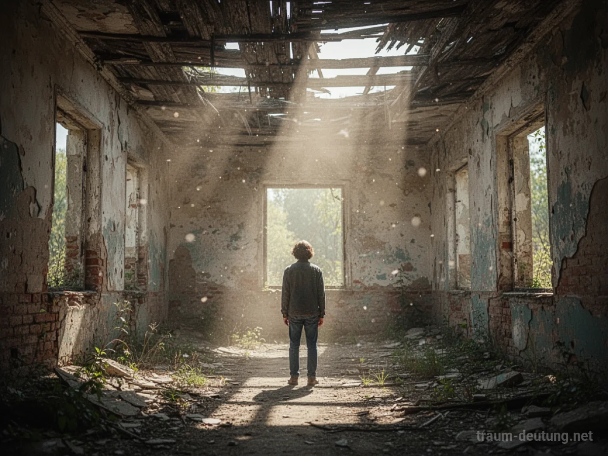 Person steht in einer alten Ruine mit Lichtstrahlen, die durch das zerfallene Dach fallen.