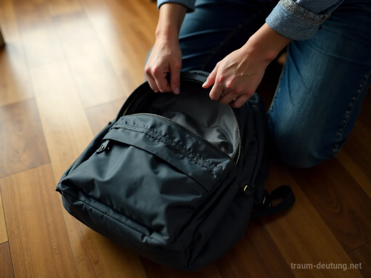 Hände durchsuchen den Inhalt eines offenen Rucksacks.
