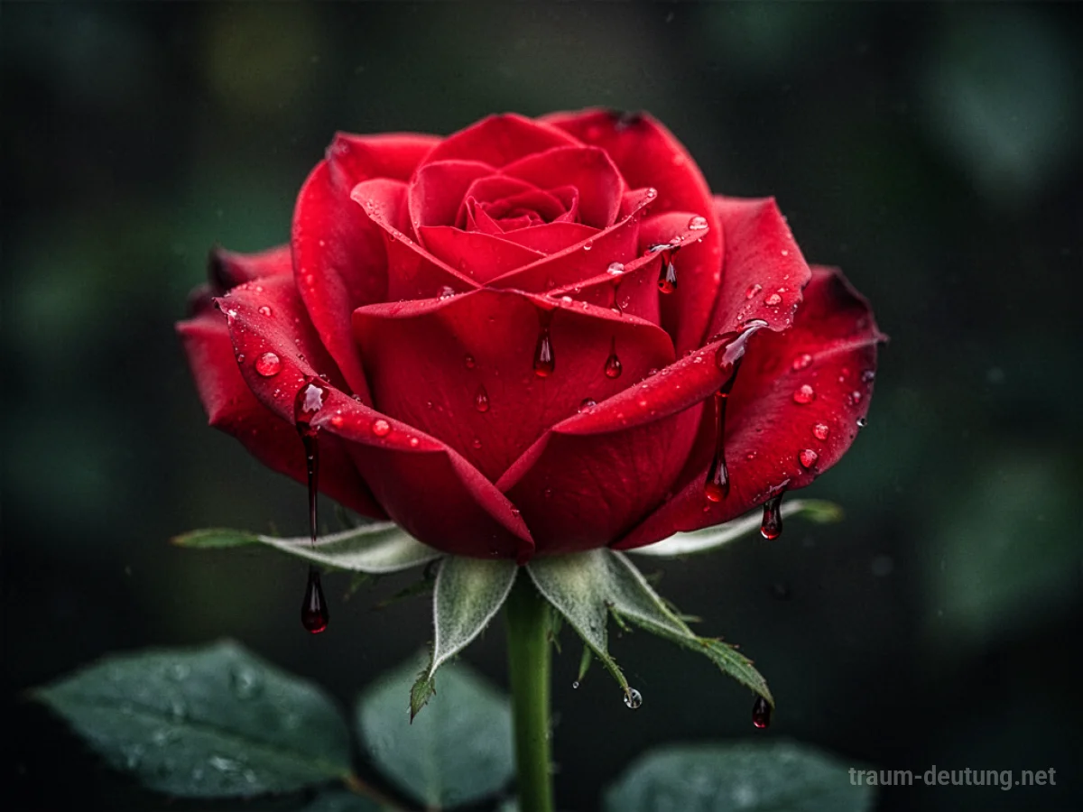 Rote Rose mit wenigen Tropfen dunkler Flüssigkeit auf den Blütenblättern.