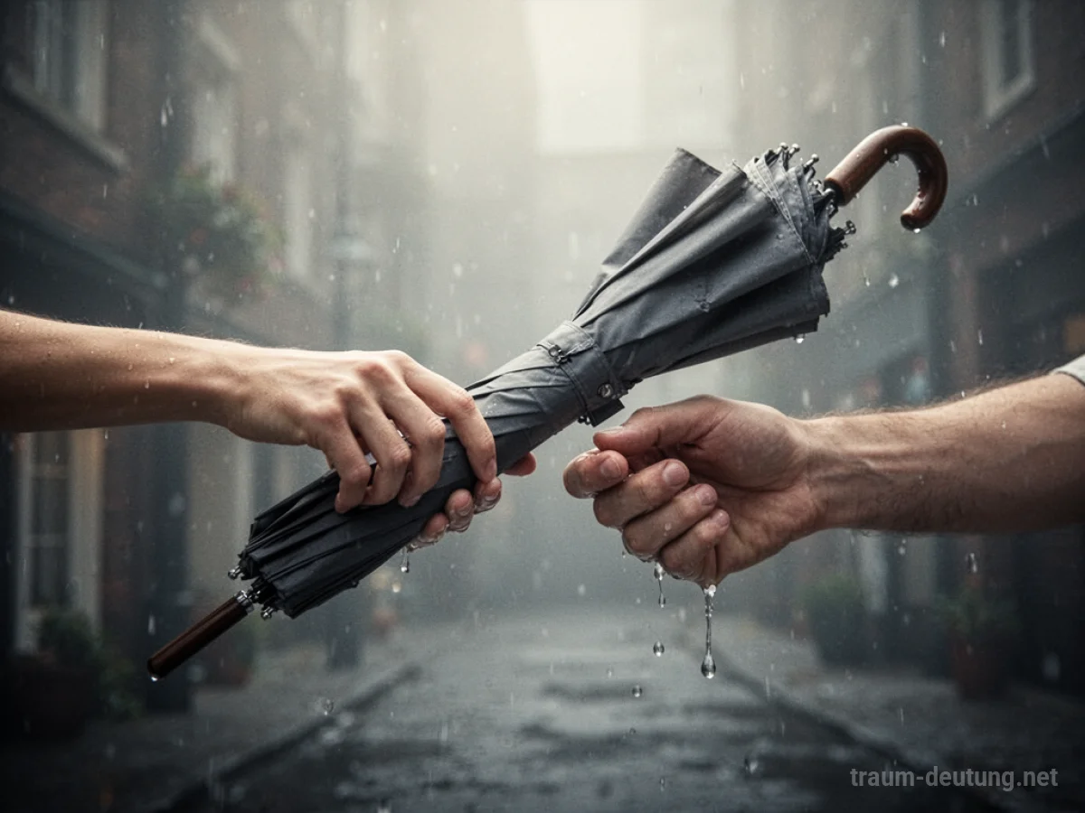 Eine Hand reicht jemandem einen geschlossenen Regenschirm.