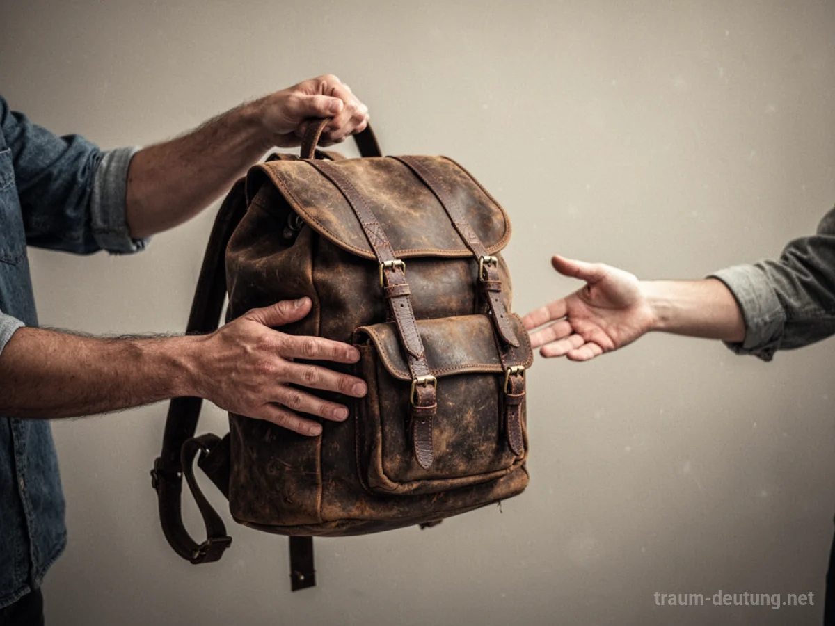 Hände reichen einen Rucksack als Geschenk