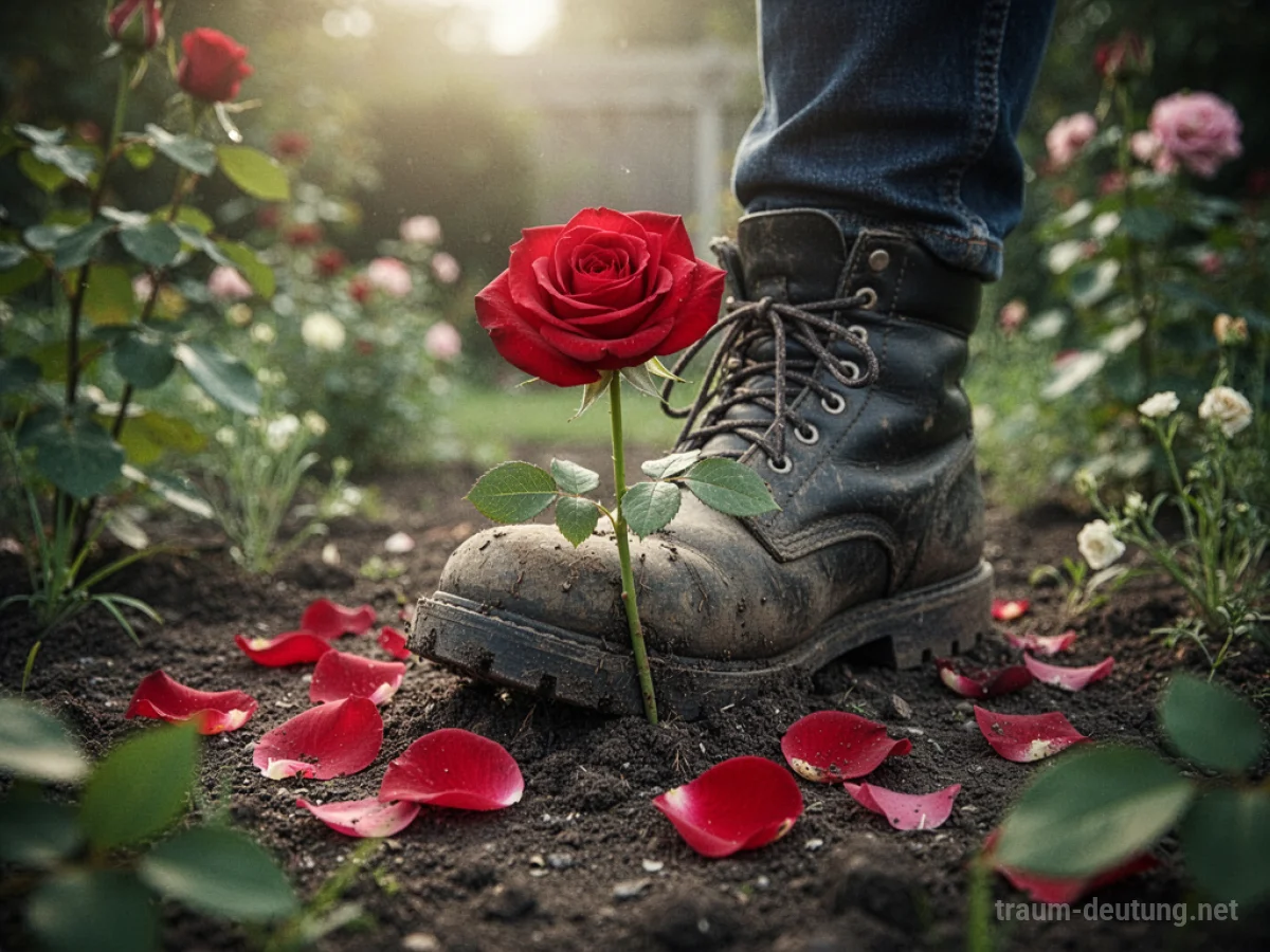 Ein Stiefel zertritt eine rote Rose im Garten, Blütenblätter verstreut.