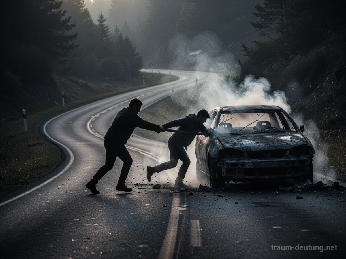 Silhouette einer Person, die eine andere aus einem beschädigten Auto zieht