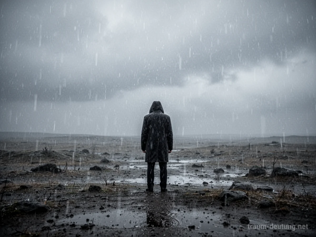Einzelne Person im kalten Regen auf ödem Feld
