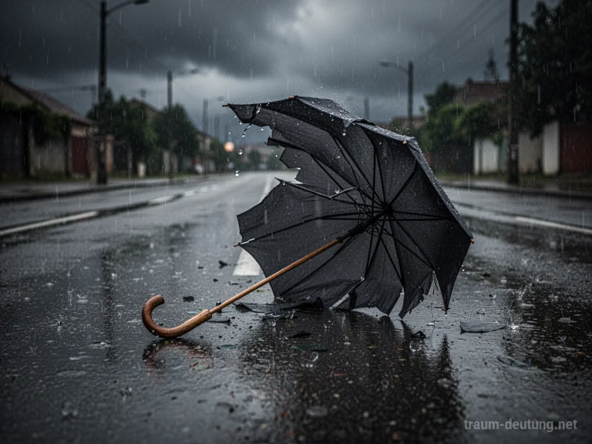 Ein kaputter Regenschirm liegt auf einer nassen Straße.