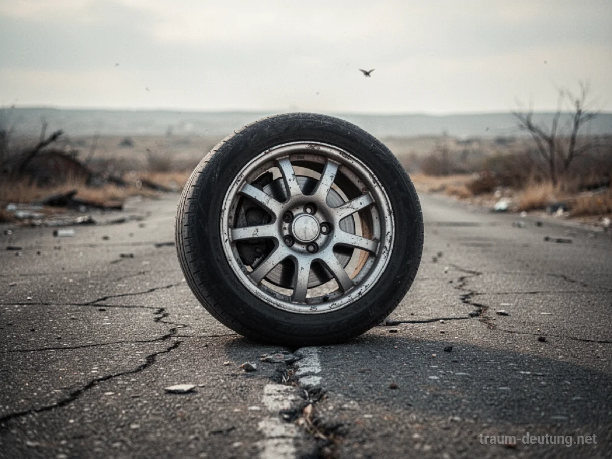 Ein einzelnes Autorad liegt auf rissigem Asphalt.