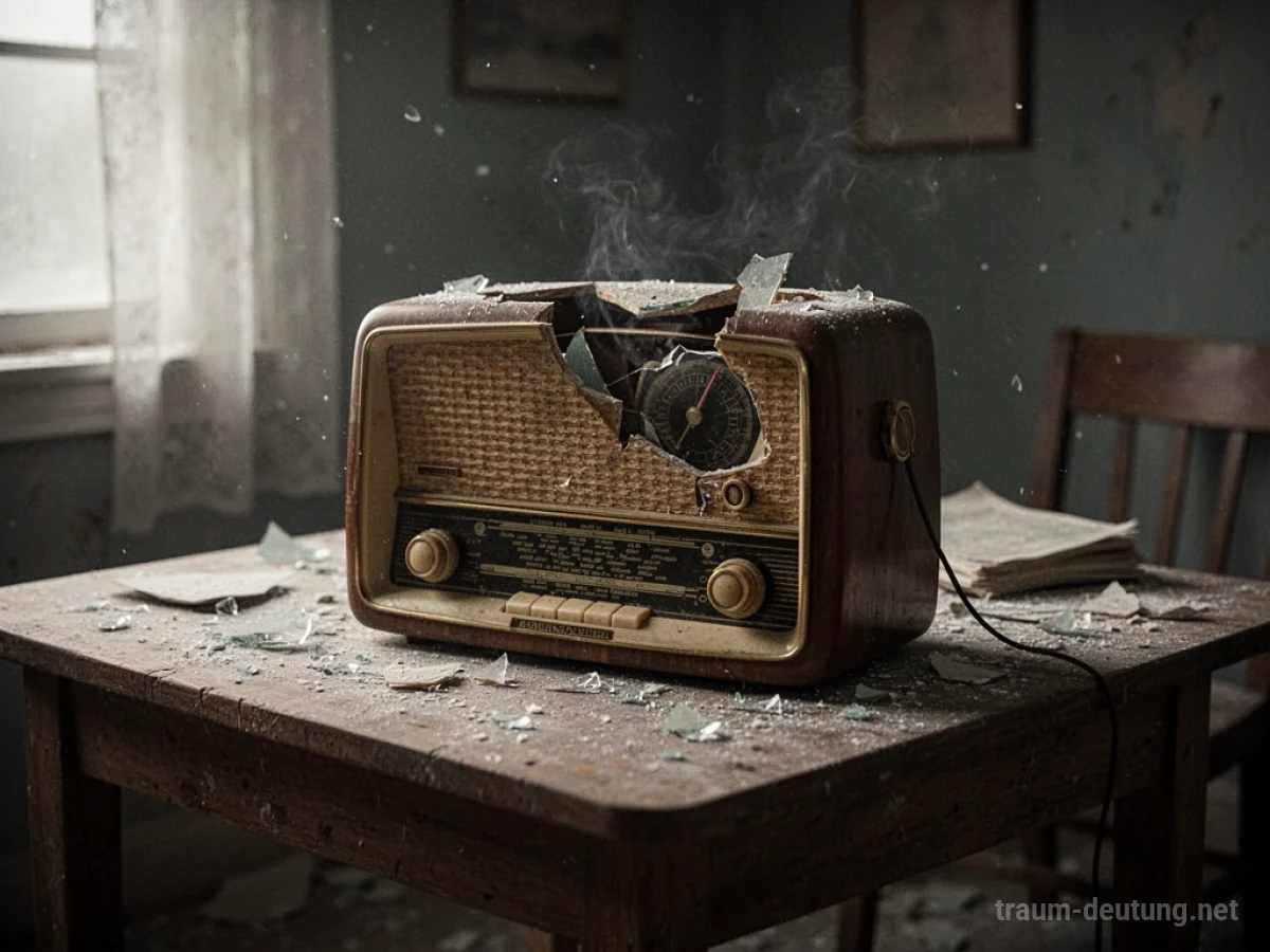 Ein altes, kaputtes Radio auf einem Holztisch in einem dunklen Raum